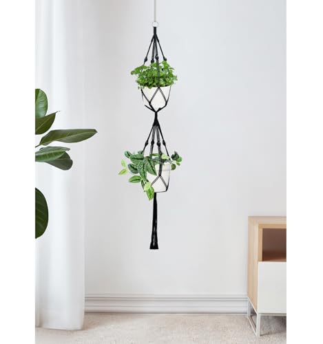 Belit 2 Pack Double Macrame Plant Hangers 2 Tier Hanging Planter Basket Decorative Flower Pot Holder Rope for Indoor Outdoor Home Decor 51 Inch, Black - color: Black, size: 51"- 2 Tier