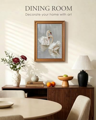 HUARCEY Gold Framed Vintage Wall Art for Living Room, Animals Painting Prints Shelf Decor for Kitchen, Aesthetic Bedroom Wall Art, Best Gifts for Friends or Family - Two Swans 16L x 12W - color: Two Swans, size: 16"L x 12"W