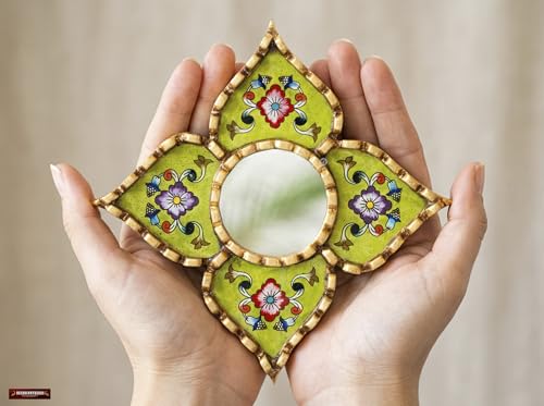 Peruvian Wall Mirror Lime Green Hand Painted Glass Diamond | Handmade decorative mirror, bronze leaf finish, unique artisan wall art, luxury home accents, square or diamond dual display - color: Green