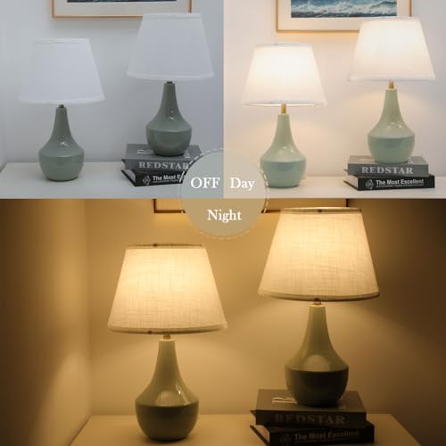 Green Table Lamps Set of 2 19" Ceramic Bedside Desk Lamps for Nightstands with Rocker Swtich Modern Sage Green Lamps for Bedroom Living Room (Bulbs not Include)