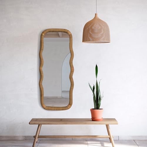 Creative Co-Op Large Wood and Rattan Wavy Mirror, Natural