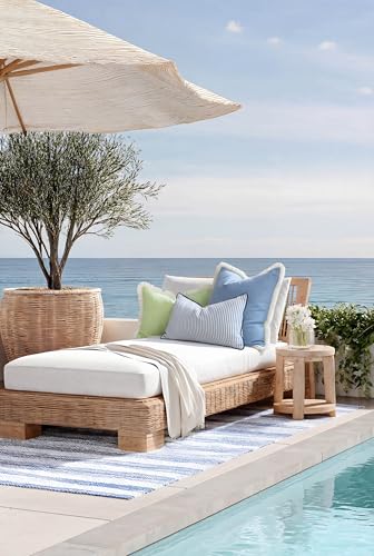 Hofdeco Premium Coastal Hampton Outdoor Performance Lumbar Pillow Cover Only, 12"x20" Water Repellent, UV and Fade Resistant for Backyard, Couch, Poolside, Azure Blue Indigo Woven Coastline Stripes - color: Azure Blue Indigo Coastline Stripes 12"x20"