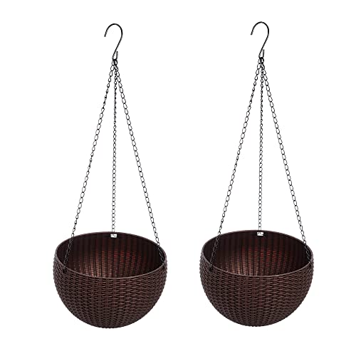 Hanging Basket Plastic Flower Pot Round Resin Garden Hanging Planter for Indoor Outdoor Plants 2 Pack Brown - color: 8 Inch Brown
