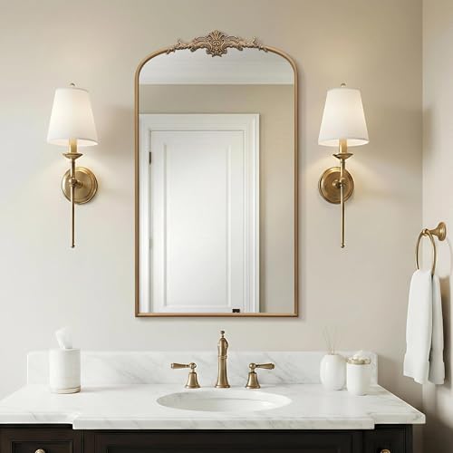 Besdomus Vintage Gold Arched Mirror: 24"x42" French Large Arch Brass Antique Wall Mounted Mirror - Traditional Ornate Home Decor for Entryway/Fireplace/Bathroom - Ideal for Bathroom Remodeling - color: Brass Gold, size: 42"L x 24"W