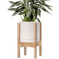 D'vine Dev Ceramic Planter with Natural Stand - 8 Inch Modern Round Flower Pot with Wood Planter Holder, Oatmeal, 55-B-N-8 - color: Oatmeal Pot + Natural Stand, size: 8 Inch
