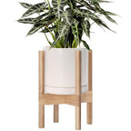 D'vine Dev Ceramic Planter with Natural Stand - 8 Inch Modern Round Flower Pot with Wood Planter Holder, Oatmeal, 55-B-N-8 - color: Oatmeal Pot + Natural Stand, size: 8 Inch