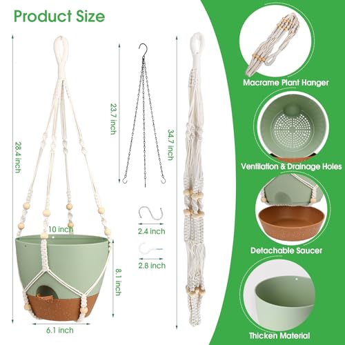 Hanging Planters for Indoor Outdoor Plants, 2 Pack Self Watering Hanging Pot with Drainage Holes, Removable Tray & 2 Kinds of Plant Hangers, 10'' Hanging Flower Pots for Home Garden Decor, Green - color: Ivory+black+green, size: 10''