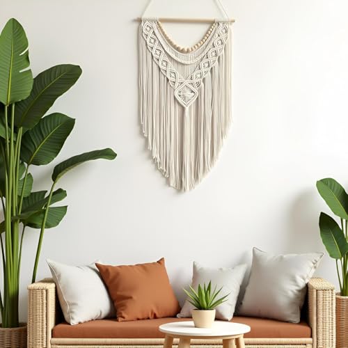 guzhiou Macrame Wall Hanging Boho Geometric Woven Tapestry Cotton Handmade Bohemian Art Decor with Wood Bead Wall Decor for Bedroom Living Room Apartment Nursery 31.5" L x 17" W(Wood bead-A) - color: Wood bead-A