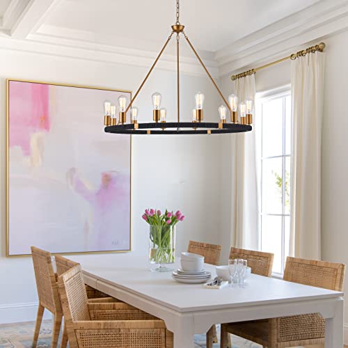 12-Lights Wagon Wheel Chandelier Bohemia Black Hand Woven Rattan Chandelier Farmhouse Large Brass Pendant Light for High Ceilings Living Room Dining Room, Dia 42 Inch, UL Listed - color: Brass&Black