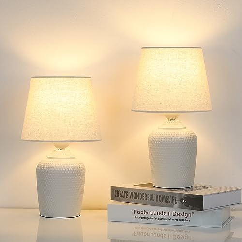 Sucolite Small 11.8'' Table Lamps Set of 2, Bedside Nightstand Lamps for Bedroom Kid’s Room, Cute Desk Lamps with Studded Texture Base for Reading Nursery Living Room Office, White & Beige - color: Beige & White, size: 11.8''