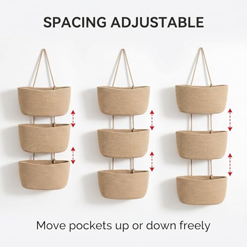 3-Tier Woven Cotton Rope Hanging Basket, Over the Door Organizer, Adjustable Detachable Wall Basket with Metal & Adhesive Hooks, No Drilling for Bedroom, Closet, Entryway & Home Decor - style: Jute