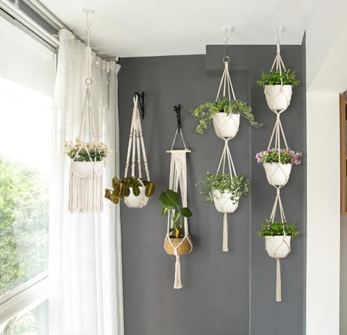 Mkono Macrame Plant Hangers, 5 Pack Different Tiers Indoor Hanging Planters Basket with 5 Hooks Decorative Flower Pots Holder Stand Boho Home Decor, Ivory - color: Ivory
