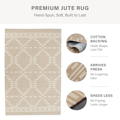 Homespice Dune Jute Runner Rug 2x6' - Cotton Backed Premium Handmade Geometric Runner Rug for Kitchen and Hallway, Medium Soft, Lays Flat, Won't Fray or Shed, Warm Brown with White Accents - color: Dune, size: 2' x 6' (Rectangular)