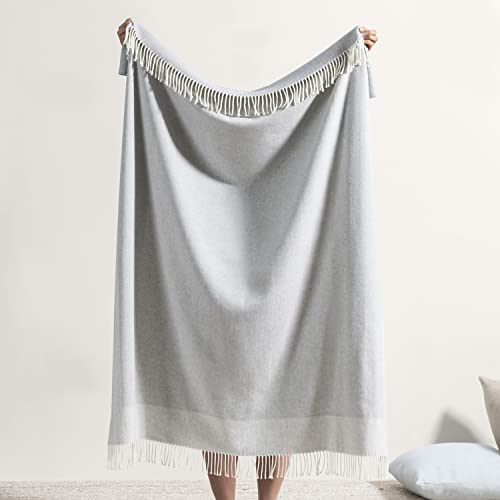 Lands Downunder All-Season, Luxury Light Gray Border Herringbone Throw – Soft Woven Throw with Decorative Fringe – Made in Italy – 51”W x 67”L - Perfect for Gifting - color: Light Gray