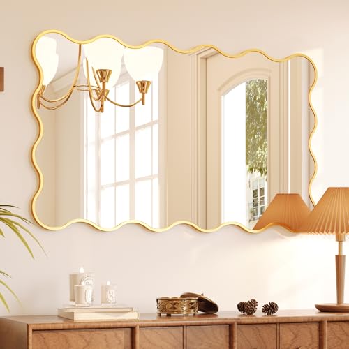 Kelly Miller 30x48 Inch Gold Scalloped Mirror, Large Rectangular Wavy Edge Bathroom Vanity Wall Mirror Decorative for Bedroom Living Room Entryway Fireplace Mantle - size: 48"L x 29.2"W