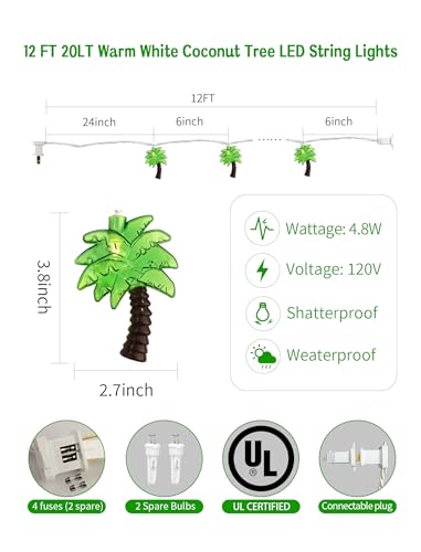 Upgraded 12FT 20 LED Palm Tree String Lights - [Warm Sunset Glow] - IP44 Waterproof Outdoor/Indoor Tropical Decor - Perfect for Tiki Bar, Patio, Beach Wedding & RV Camping - Connectable - color: Green (Leaves) / Warm White (Light)