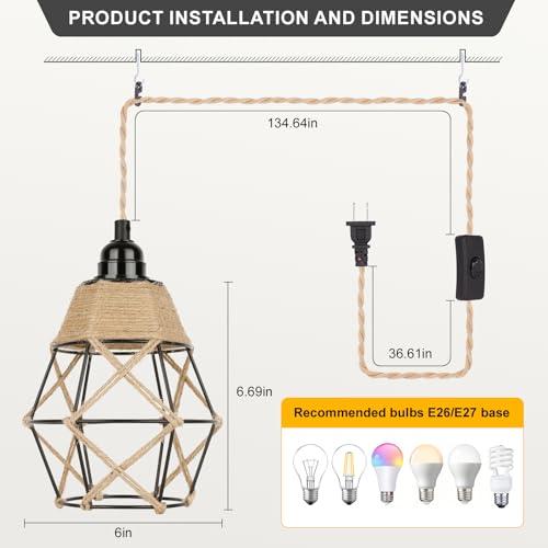 FRIDEKO HOME Farmhouse Rustic Plug in Pendant Light - Rattan Hanging Lamp with Plug in Cord 15ft Pendant Light Fixture with Wicker Lampshade Boho Industrial for Bedroom Living Room Decor - color: 5-Cage Lampshade
