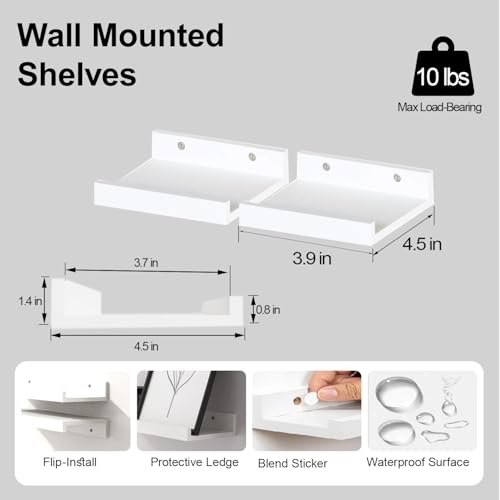 Small White Floating Shelves for Wall Decor, Wall Mounted Wood Shelf for Bedroom, Living Room, Bathroom, Kitchen, Nursery, Mini Display Ledge Shelf with Lip Set of 2-4 Inches, White - color: White, size: 3.9in
