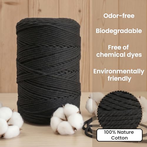 220 Yards Macrame Cord 4 Strand Twisted Recycled Cotton 4mm Black String for Crafts Wall Hangings Plant Hangers DIY Knitting Macrame Supplies - color: Black, size: 4mmx220Yards
