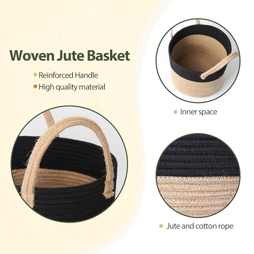 Woven Basket for Plant, 11"x11" Planter Basket for 10" Pot, Indoor Boho Artificial Tree Planter, Small Round Flower Pot Cover, Rattan Holder with Handle for Plants, Jute Spliced Cotton Rope - color: Black and Beige