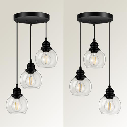 3-Light Pendant Light, Globe Cluster Hanging Light with Clear Glass Shade, Matte Black Pendant Lighting Adjustable Hanging Height Industrial Ceiling Light for Kitchen Island Bedroom(E26 Base,No Bulb) - size: 3Light - D 5.12 IN