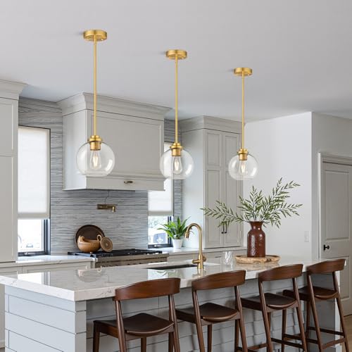2 Pack Gold Globe Pendant Lights, Mid Century Gold Pendant Light Fixtures, Globe Pendant Lights Kitchen Island with Clear Glass Shade Adjustable Hanging Fixture for Dining Room (Bulbs not Included) - color: Brushed Gold + Clear Glass 2 Pack