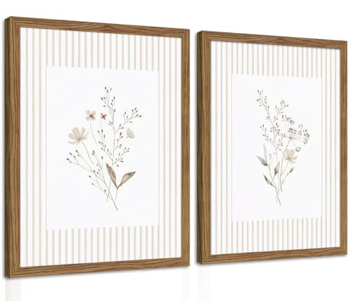 Neutral Wildflower Wall Art Set of 2, Vintage Flower Botanical Wall Decor Painting, Rustic Cottagecore Striped Floral Prints Pictures for Living Room Bedroom 12x16 Inch Framed - color: Pink Flowers, size: 16L" x 12W"