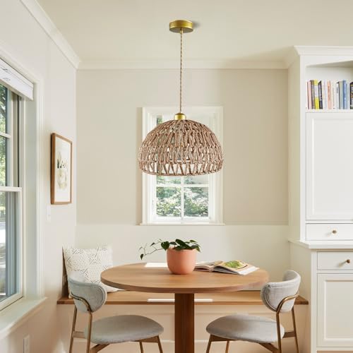 Bohemian-style woven pendant light, adjustable, Woven Hanging Lighting ,11.5"featuring a woven shade and E26 socket. Ideal for kitchen islands, farmhouses, bedrooms, and living rooms. (Bulb not ) - color: 11.5”hemispherical shaped