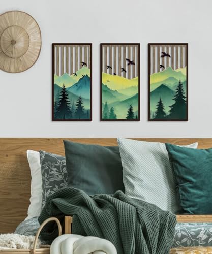 Putuo Decor Forest Mountain Wall Art Set of 3, Nature-Inspired MDF Cut-Out Panels with Bird and Tree Silhouettes, Rustic Wall Decor for Living Room Bedroom Cabin Office - color: Grass Green