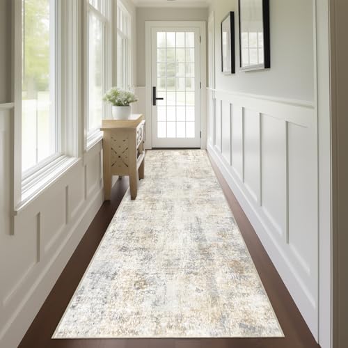 Capslpad 2x10 Beige Abstract Hallway Runner, Ultra Soft Fabric Washable Runner Rug, Non-Slip Rubber Backing, Stain Resistant Low Pile Runners for Hallways, Kitchen, Entryway, Bedroom, Laundry - color: Beige, size: 2' x 10' (Runner)