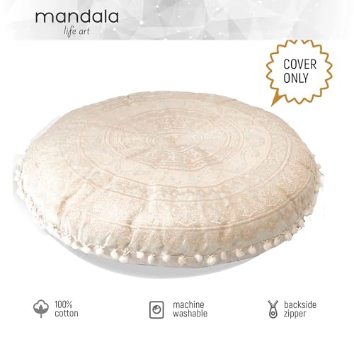 Mandala Life ART Bohemian Floor Cushion Cover –24 inches - Room Décor Decorative Round Pillow Case for Meditation, Yoga, and Boho Chic- Seating Area - color: Natural Beige, style: Pillow Cover