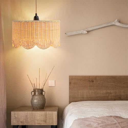 13" Plug in Scalloped Pendant Light, Rattan Hanging Lights with Plug in Cord 15FT Hemp Rope Cord, Dimmable Switch – Indoor Hanging Lamps for Boho Living Room Bedroom (Bulb Included)