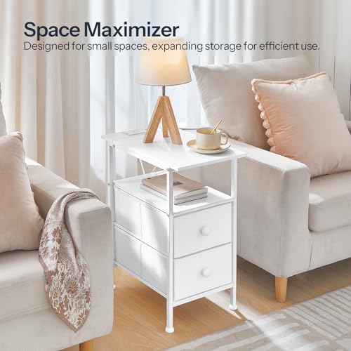 HOOBRO End Table with Charging Station, Narrow Side Table, Nightstand with 2 Non-Woven Drawers, Slim Sofa Side Table, for Small Spaces, Living Room, Bedroom, White WT486UBZ01 - color: White, size: 11.8"L x 18.9"W x 23.6"H