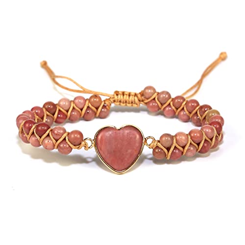 Women Boho Wrap Bracelet,Handmade Natural Stone Crystal Emperor Beads Heart Bracelet, Fashion Bohemian Jewelry Gift for Women - color: Rhodochrosite #2