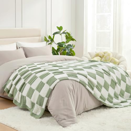 Snuggle Sac Faux Fur Checkered Blanket Twin Size with Soft Knitted Microfiber,Cozy Soft Warm Blanket for Sofa Bedroom Living Room,St Patricks Day Gift,Sage Green Checker,60x80 inches - color: Green White, size: Twin(60"x80")