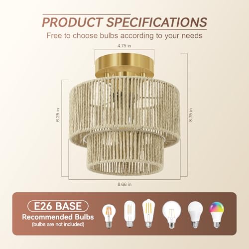 BoostArea 8.66” Boho 2-Tier Rattan Ceiling Light Fixture, Semi Flush Mount Woven Chandelier for Bedroom, Dining Room, Kitchen, Entryway, Living Room(Bulb not Included) - color: Beige