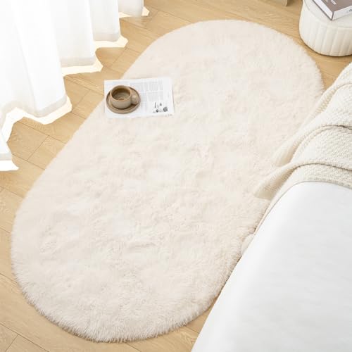 Goideal Fluffy Bedroom Rug, Small Oval Area Rugs, Cream Shag Bedside Carpet for Kids Room Nursery Dorm Cute Fuzzy Indoor Decor for Boy and Girl, 2.6 x 5.3 Feet - color: Cream