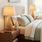 Hamilyeah 23" Farmhouse Table Lamps Set of 2 with Bulbs Included, Boho Bedside Lamps with Fabric Shade, Natural Woven Rattan Nightstand Lamps for Bedroom, Living Room, Large Spaces - color: wooden color