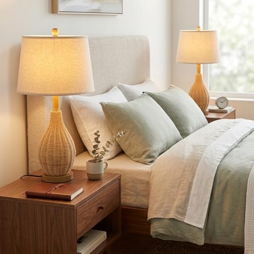 Hamilyeah 23" Farmhouse Table Lamps Set of 2 with Bulbs Included, Boho Bedside Lamps with Fabric Shade, Natural Woven Rattan Nightstand Lamps for Bedroom, Living Room, Large Spaces - color: wooden color