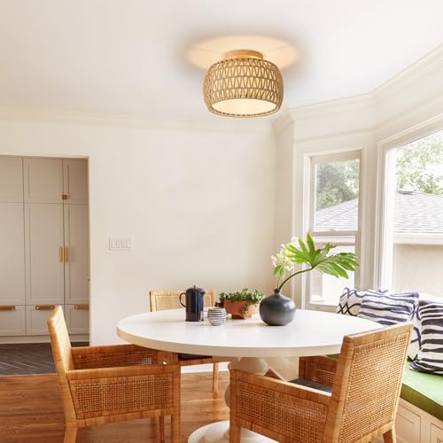 Boho Rattan Flush Mount Ceiling Lights 12 Inch Farmhouse Ceiling Light Fixtures Rustic Wicker Hand Woven Rope Cage for Dining Room Kitchen Bedroom Foyer Hallway Entryway - size: 12 Inch 1 Pack
