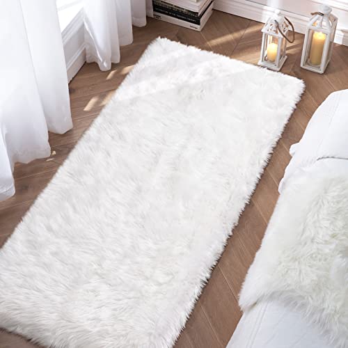 White Fluffy Rug for Bedroom, 2'X6' Faux Fur Rug for Runner, Soft Shag Rug for Sofa Couch Cushion, Cozy Shaggy Fuzzy Plush Floor Carpet for Nursery, Cute Bedside Dorm Home Decor Rectangle - color: White, size: 6' x 2' (Rectangular)