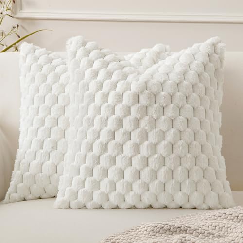 MIULEE White Faux Fur Decorative Throw Pillow Covers 18x18 Inch Set of 2 Super Soft Cozy Plush Cushion Cases Luxury Fluffy Pillowcases for Sofa Couch Bed Living Room - color: White, size: 18" x 18" (Pack of 2)
