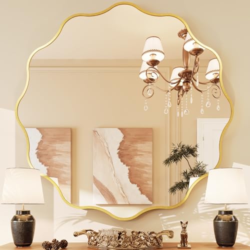 Kelly Miller 36 Inch Gold Round Wavy Mirror, Large Scalloped Edge Decorative Wall Mirror for Bathroom Bedroom Living Room Entryway Vanity Fireplace - size: 36"L x 36"W