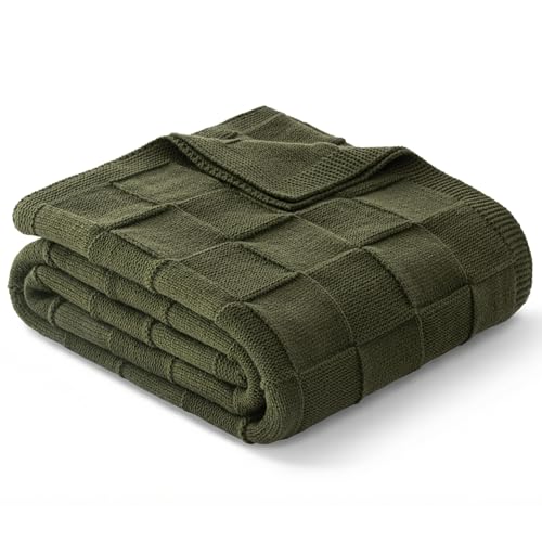 Whale Flotilla Checkered Knit Throw Blanket for Couch, Soft Decorative Knitted Blankets for Sofa Bed, Lightweight Cozy Throws for Spring Summer, 50x60 Inch, Olive - color: Olive, size: 50x60 Inch