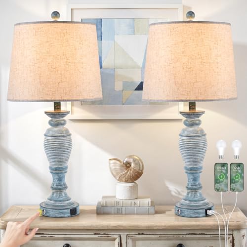 27.7" Table Lamps for Living Room Set of 2, 3 Way Dimmable Touch Lamps for Bedrooms with Dual USB Ports, Farmhouse Lamps for Nightstand,2 Bulbs Included - color: Teal