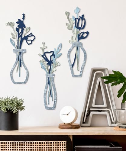 Putuo Decor 3 Pieces Wood Flowers Wall Decor Rustic Farmhouse Decor Blue Minimalist Flower Wall Art Modern Floral Vase for Living Room Bathroom Bedroom Dining Room - color: Light Blue