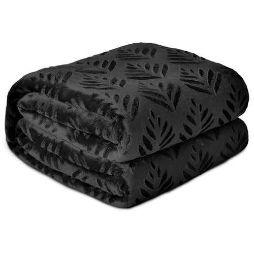 Exclusivo Mezcla King Size Fleece Blanket for Bed, Super Soft and Cozy Blankets All Season Use, Leaves Pattern, Plush Fuzzy Lightweight, Black, 90x104 Inch - color: Black, size: King(90"x104")