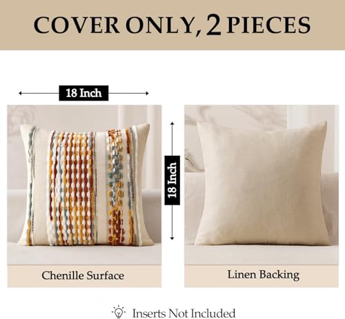 ANRODUO Pack of 2 Boho Decorative Throw Pillow Covers 18x18 Farmhouse Cushion Case Striped Chenille Pillow Cases Square Pillow Covers Accent Neutral Pillowcase for Sofa Couch Bed,Brown Stripe - color: Brown Stripe, size: 18" x 18" (Pack of 2)