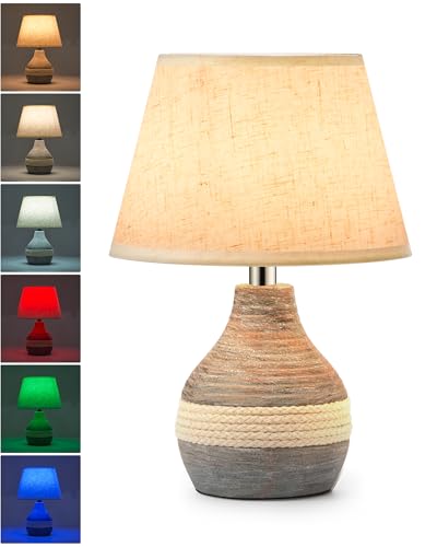 UMEXUS 10” Small Ceramic Cordless Table Lamp with Timer, Dimmer, Linen Shade, Remote Control, Rechargeable Battery Light for Patio Nightstand Kitchen Counter Living Room Side Table, Bulb Included - size: 10"H Mini - Rope accent design