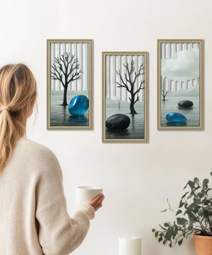 Putuo Decor Botanical Abstract Wall Art Set of 3, Mid Century Framed Wooden Wall Decor, Minimalist Geometric Contemporary Artwork for Bedroom Living Room Bathroom, 16.5 x 8.6 Inch - color: Muted Black & Teal Abstract